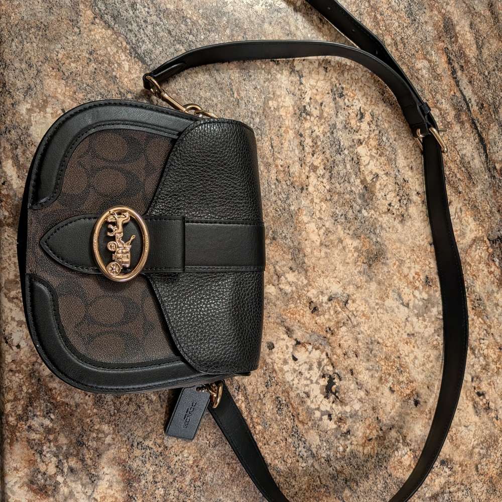 Coach Black & Brown Signature Saddle Crossbody with Gold Accent